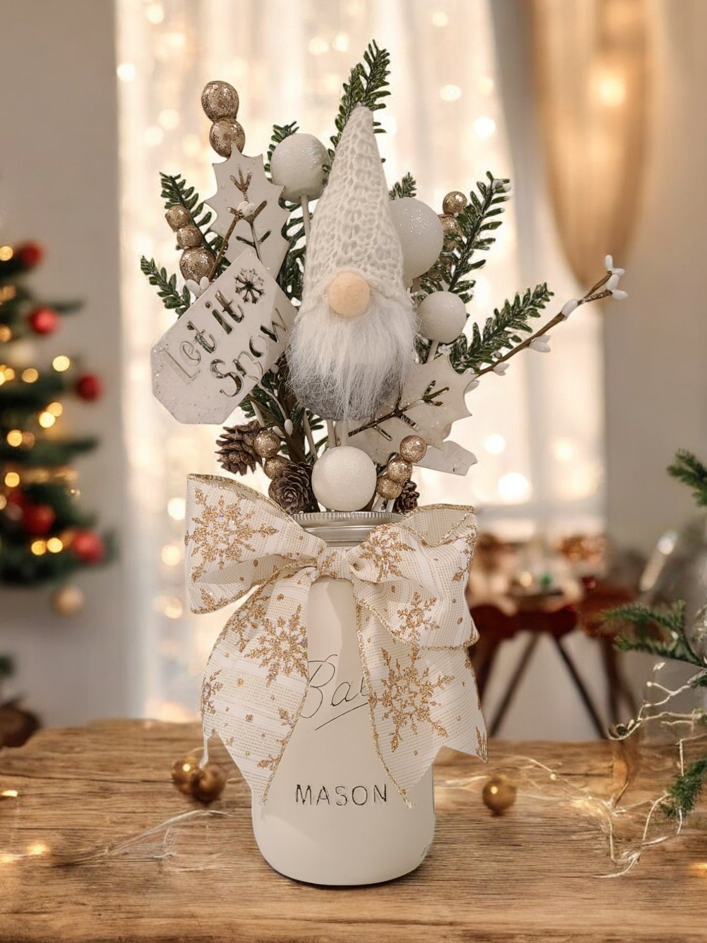 Mason Jar Centerpiece - Snowy White and Gold